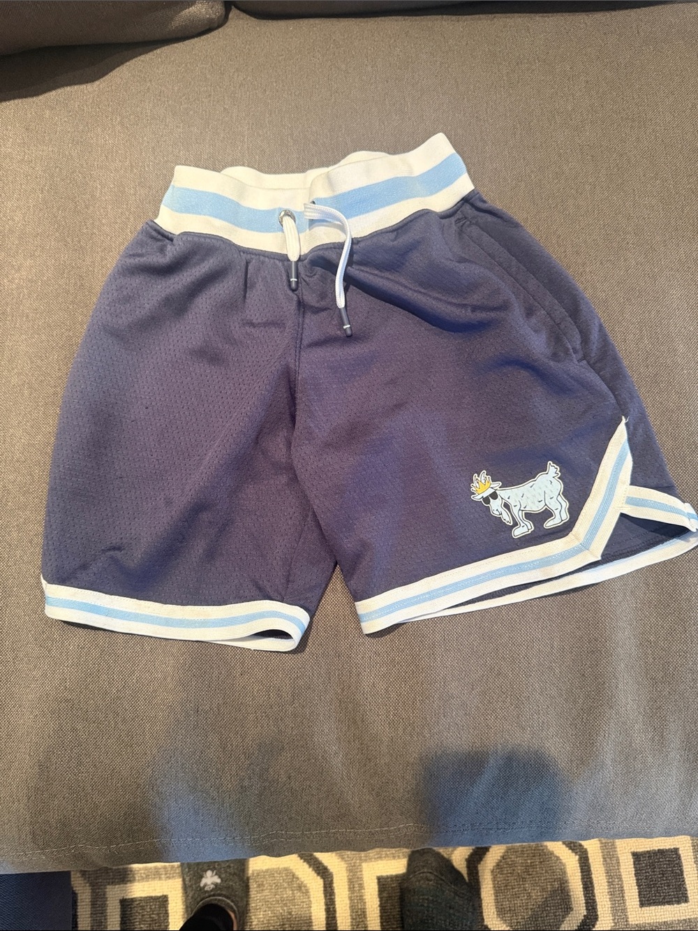 Kids Navy Athletic Shorts with Light Blue Trim and Goat Patch